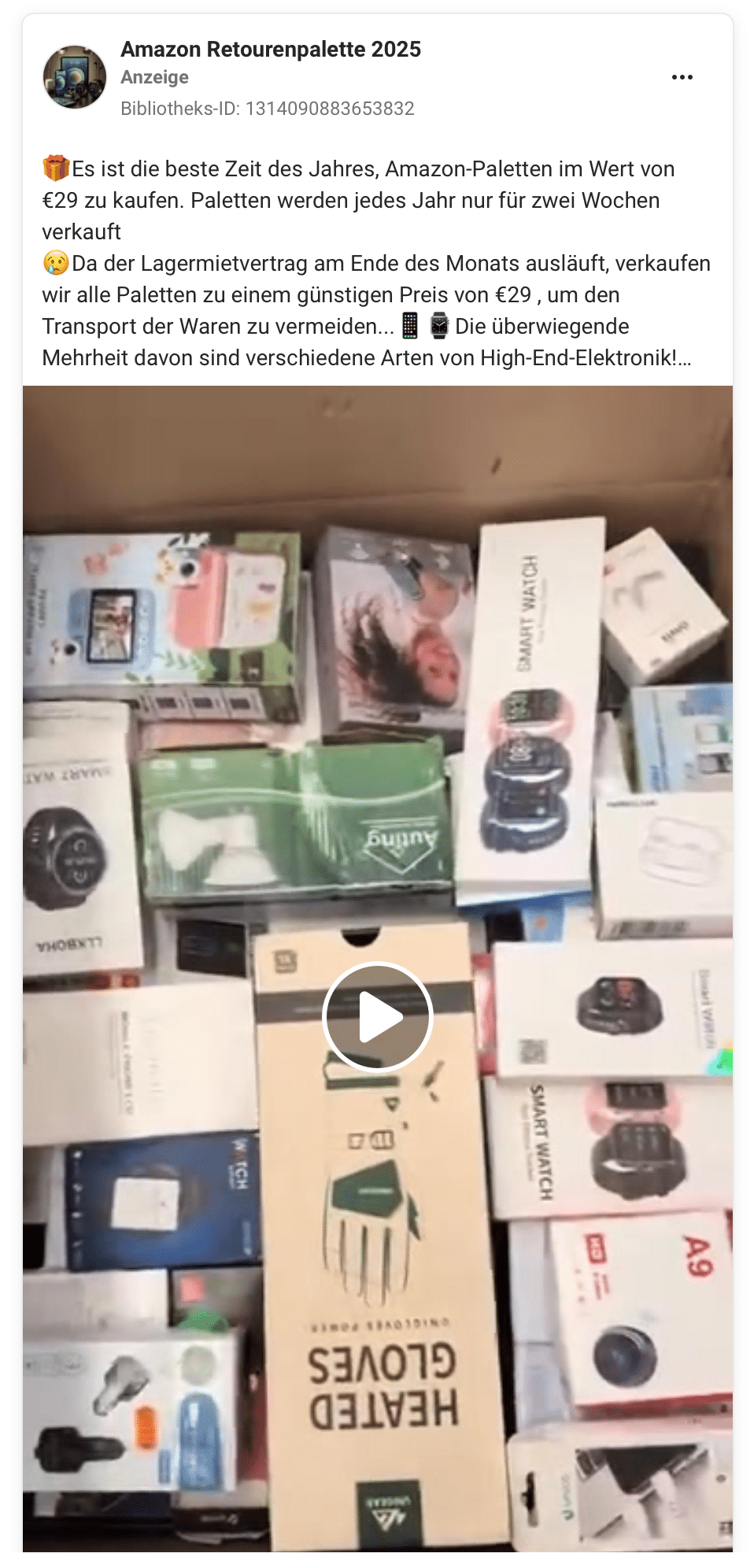 Screenshot Facebook-Anzeige "Amazon Retourenpalette 2025"