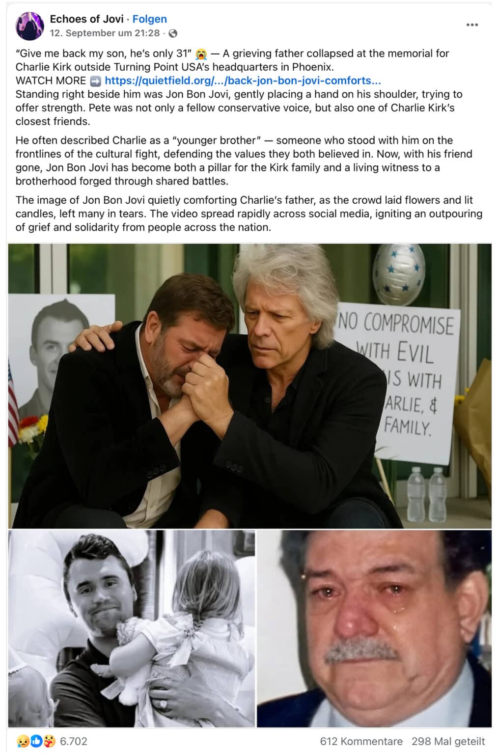Screenshot Facebook: Charlie Kirks Vater wird von Jon Bon Jovi getröstet: Fake-Bilder