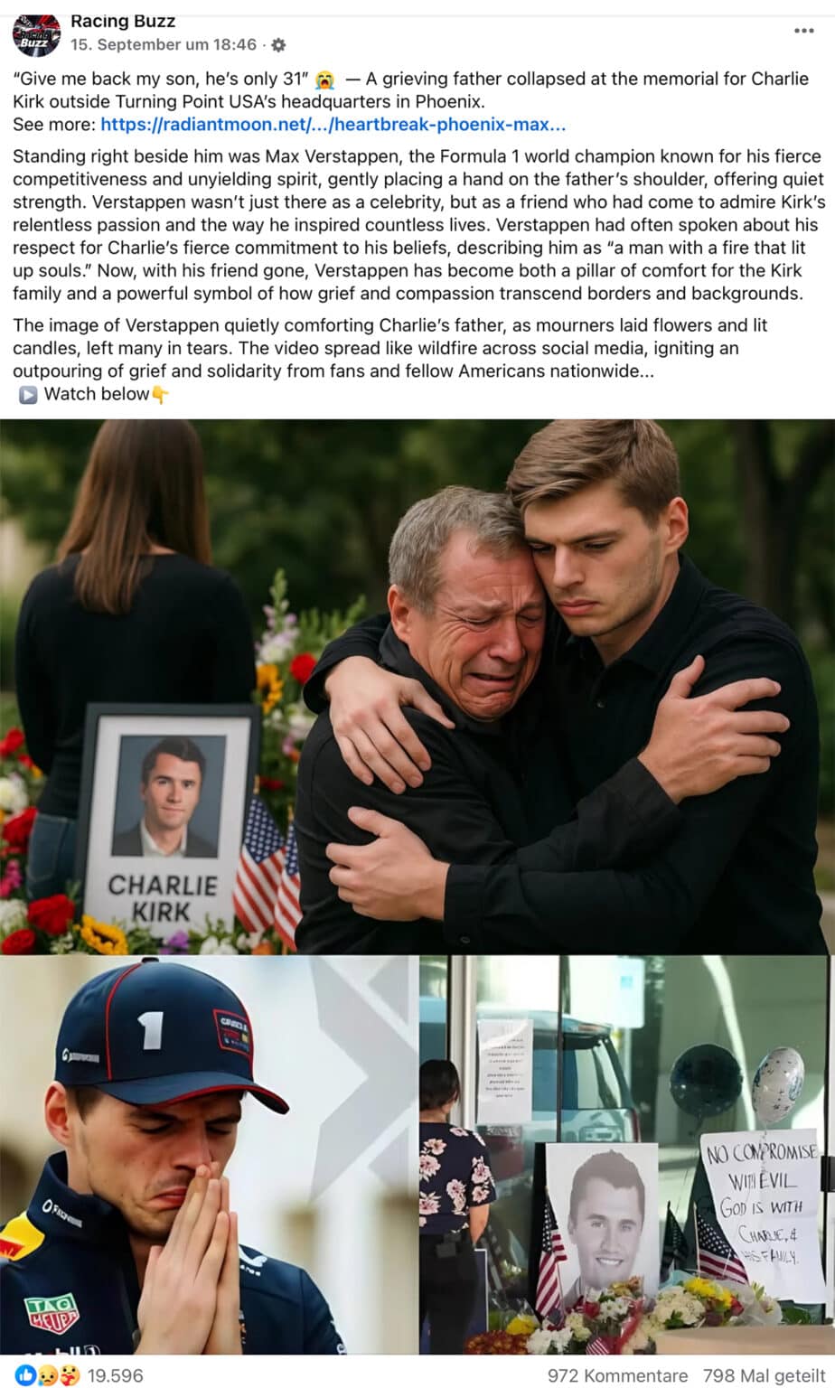 Screenshot Facebook: Charlie Kirks Vater wird von Max Verstappen getröstet: Fake-Bilder