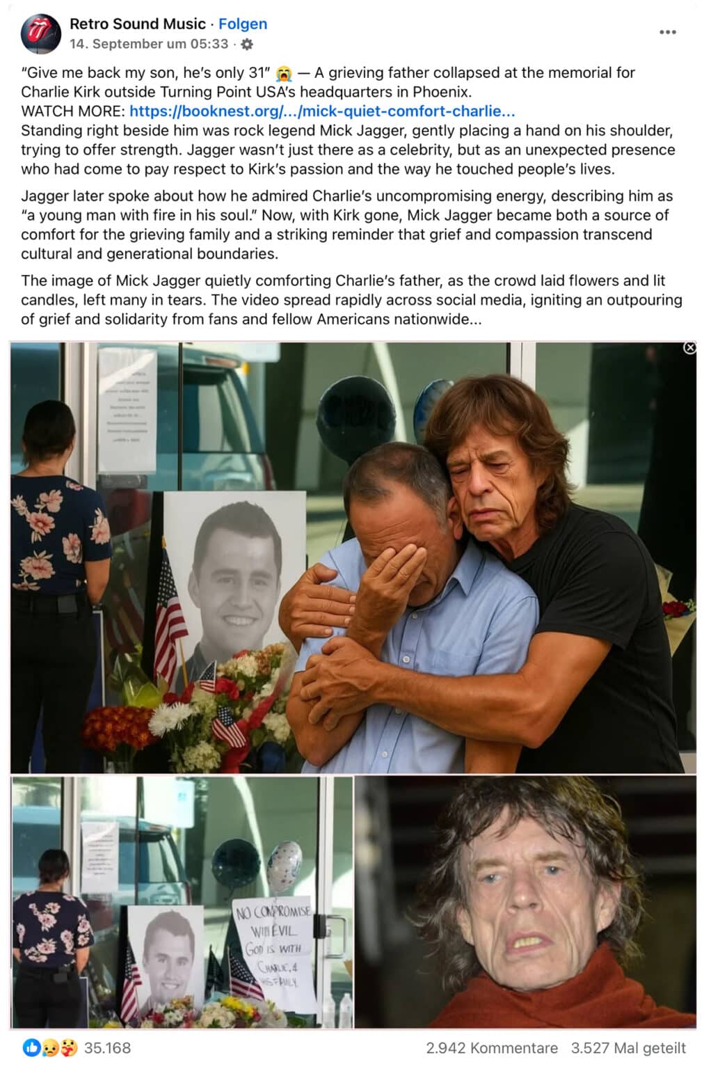 Screenshot Facebook: Charlie Kirks Vater wird von Mick Jagger getröstet: Fake-Bilder