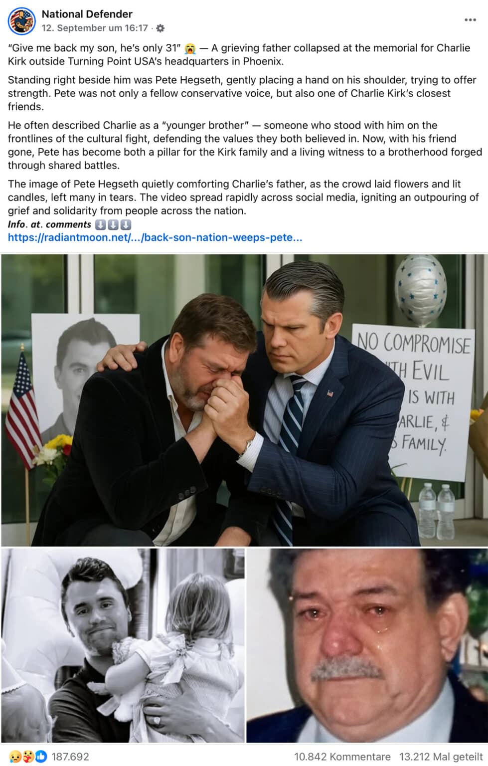 Screenshot Facebook: Charlie Kirks Vater wird von Pete Hegseth getröstet: Fake-Bilder