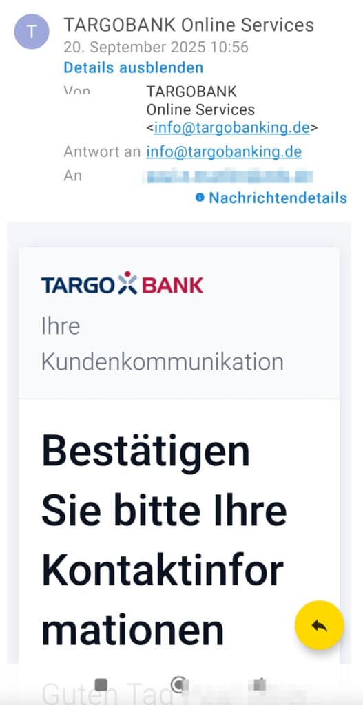 Screenshot der gefälschten Targobank-E-Mail