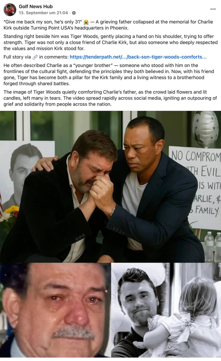 Screenshot Facebook: Charlie Kirks Vater wird von Tiger Woods getröstet: Fake-Bilder