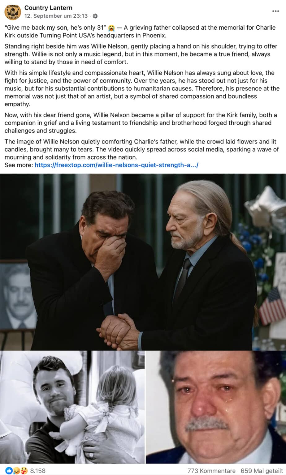 Screenshot Facebook: Charlie Kirks Vater wird von Willie Nelson getröstet: Fake-Bilder
