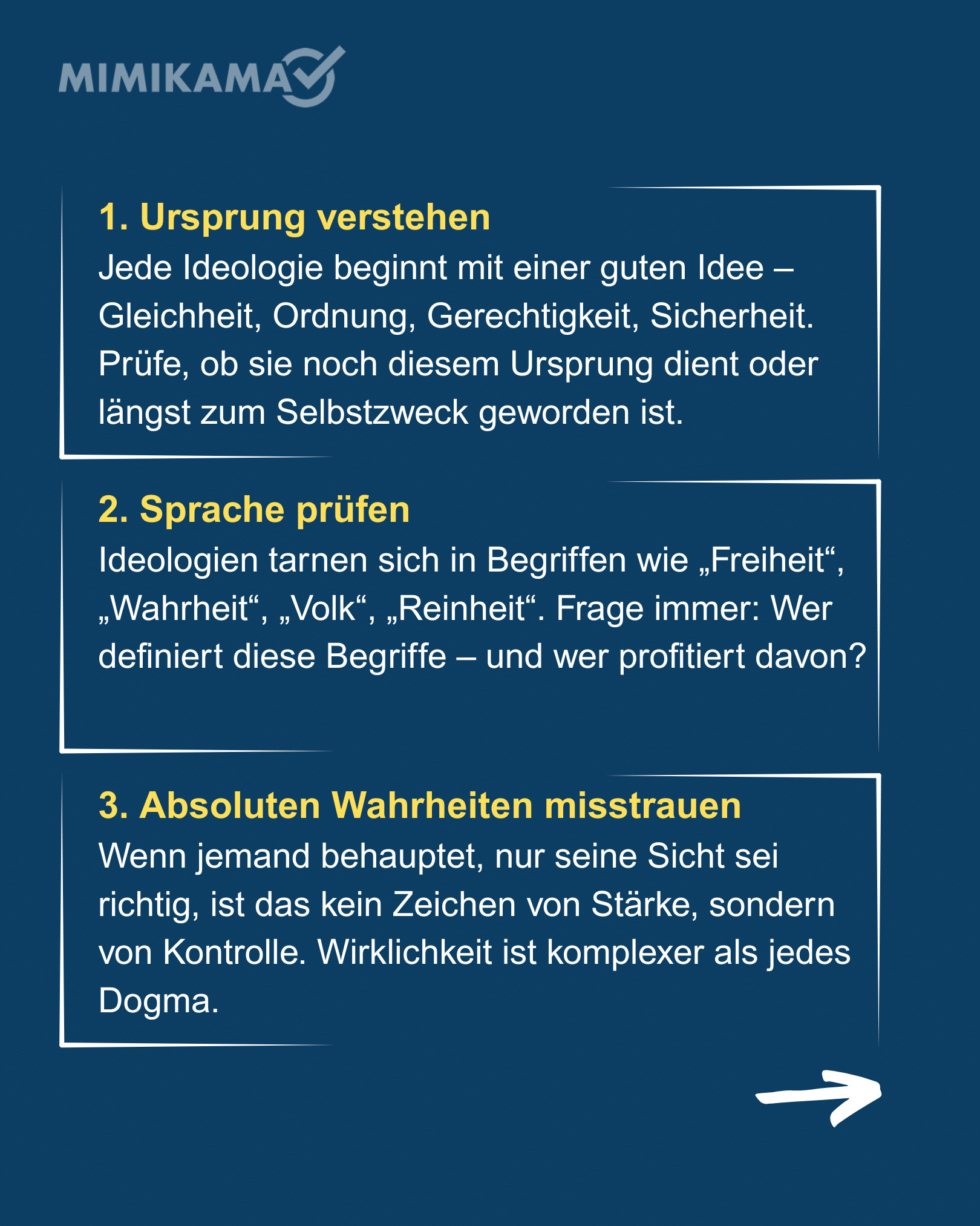 Checkliste mit zehn Punkten zur Überprüfung von Ideologien und Glaubenssätzen.