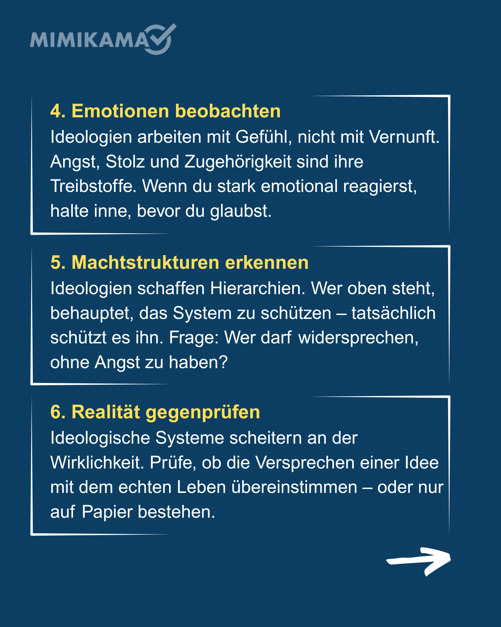 Checkliste mit zehn Punkten zur Überprüfung von Ideologien und Glaubenssätzen.