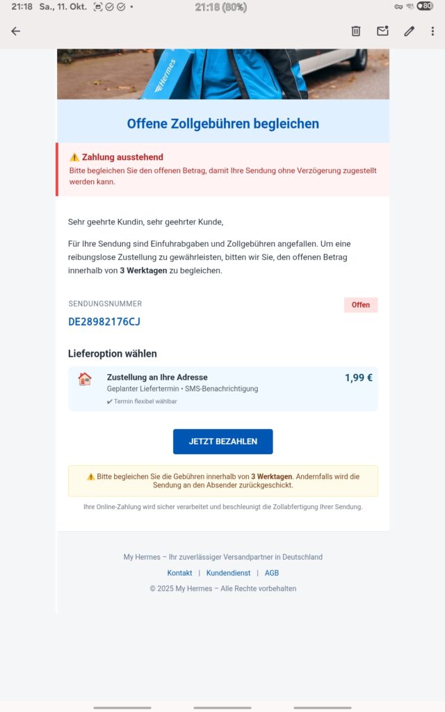 Screenshot der betrügerischen Mail von "Hermes"