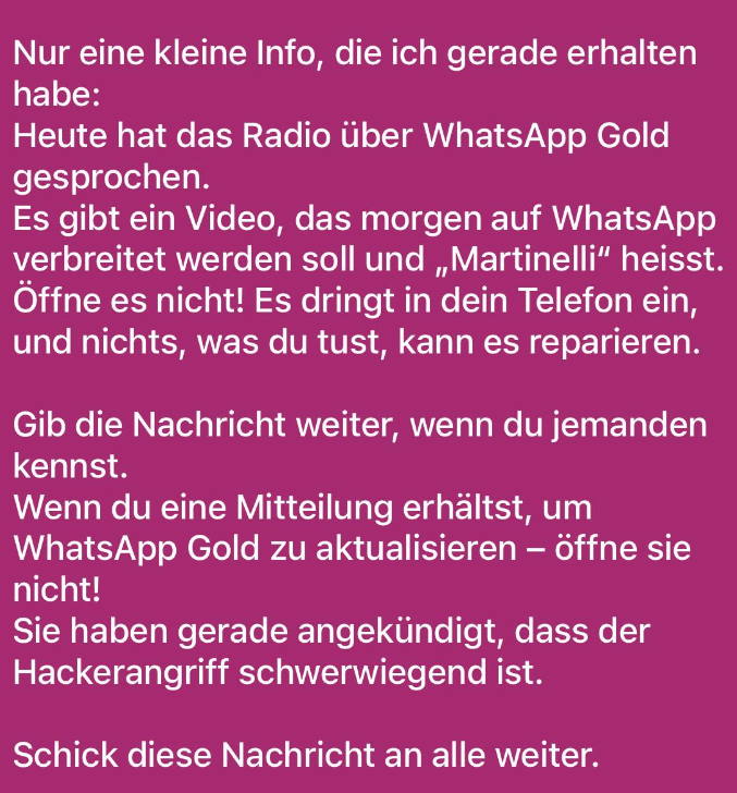 Screenshot des fraglichen Kettenbriefs WhatsApp Gold Martinelli