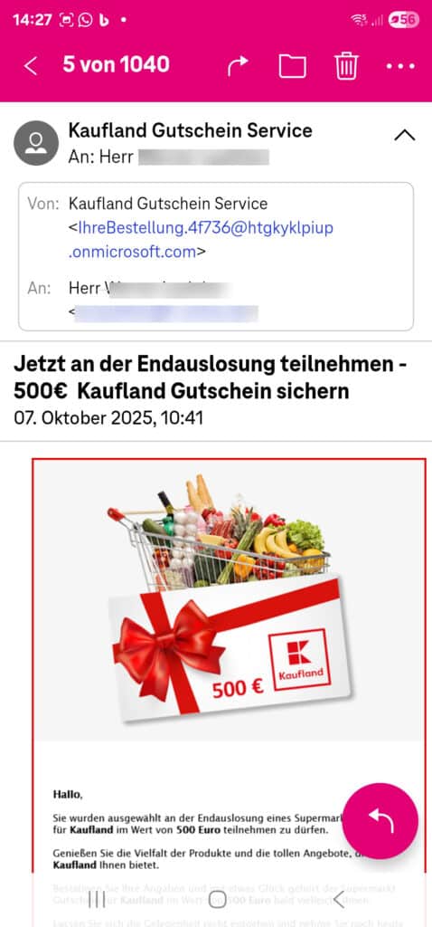 Screenshot der betrügerischen Mail