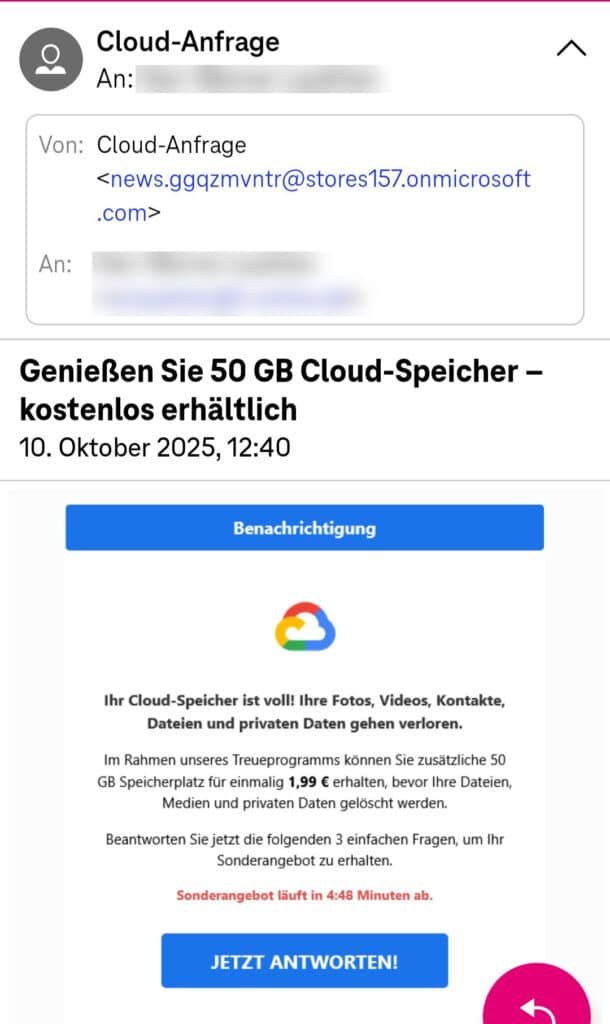 Screenshot der betrügerischen Mail