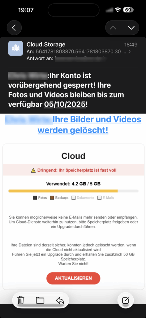 Screenshot einer möglichen Fake-MailPhishing-Mail im Namen eines Cloud-Speicherdienstes