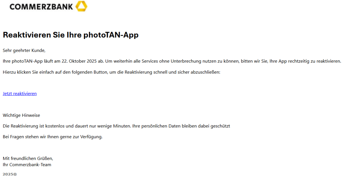 Screenshot der gefälschten Commerzbank-Mail