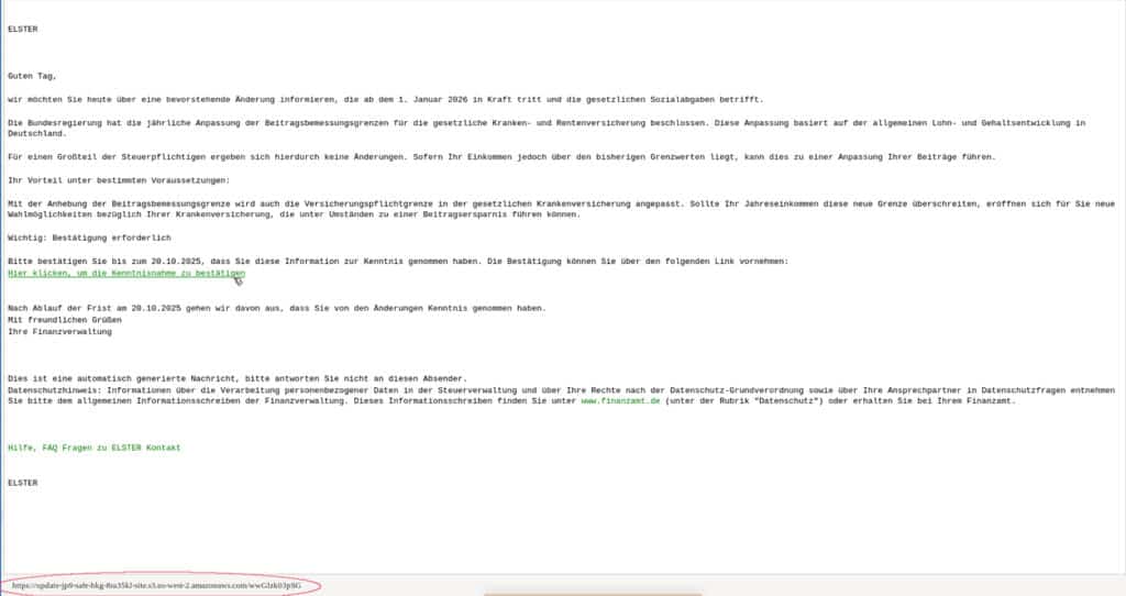 Screenshot der betrügerischen Mail; Phishing-Mail im Namen von ELSTER wegen "Sozialabgaben"