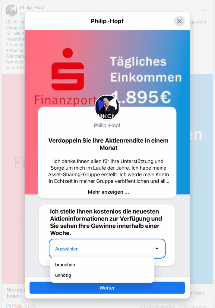 Screenshot der betrügerischen Werbung