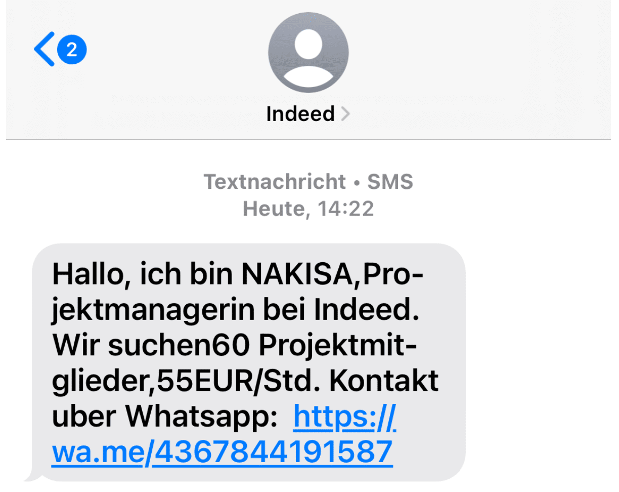 Gefälschte SMS im Namen von "Indeed"