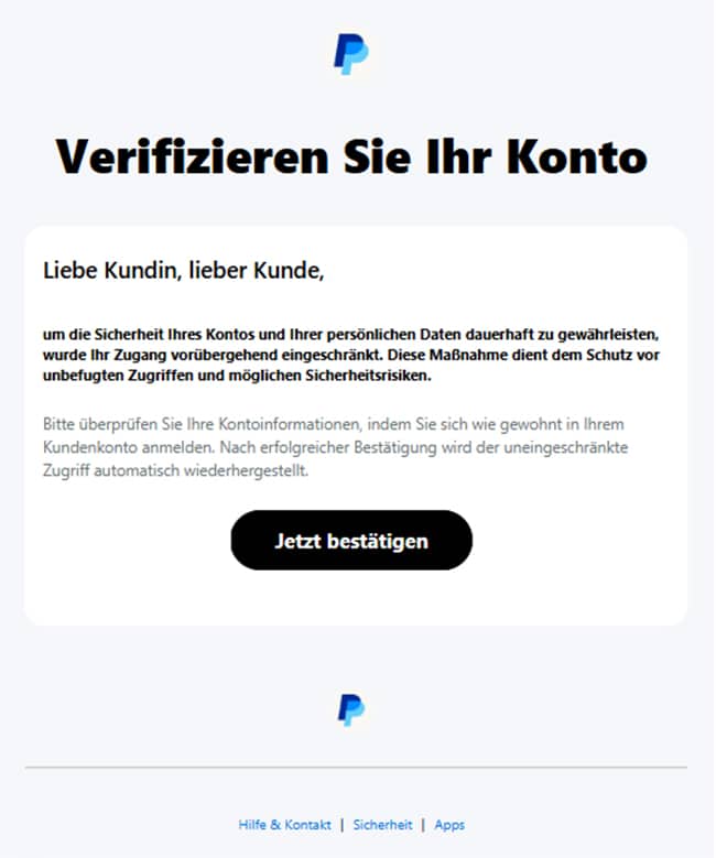 Screenshot der gefälschten PayPal-Nachricht