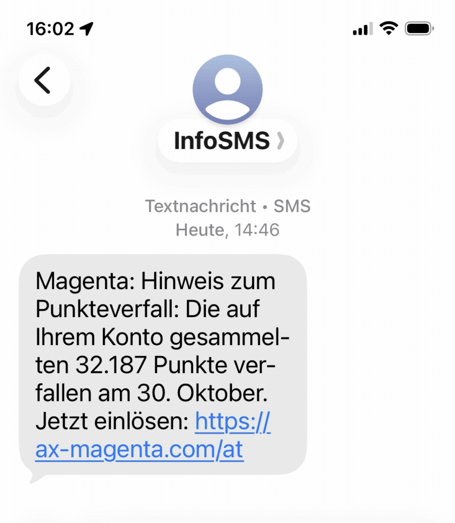 Screenshot der Phishing-SMS; Phishing-SMS im Namen von Magenta