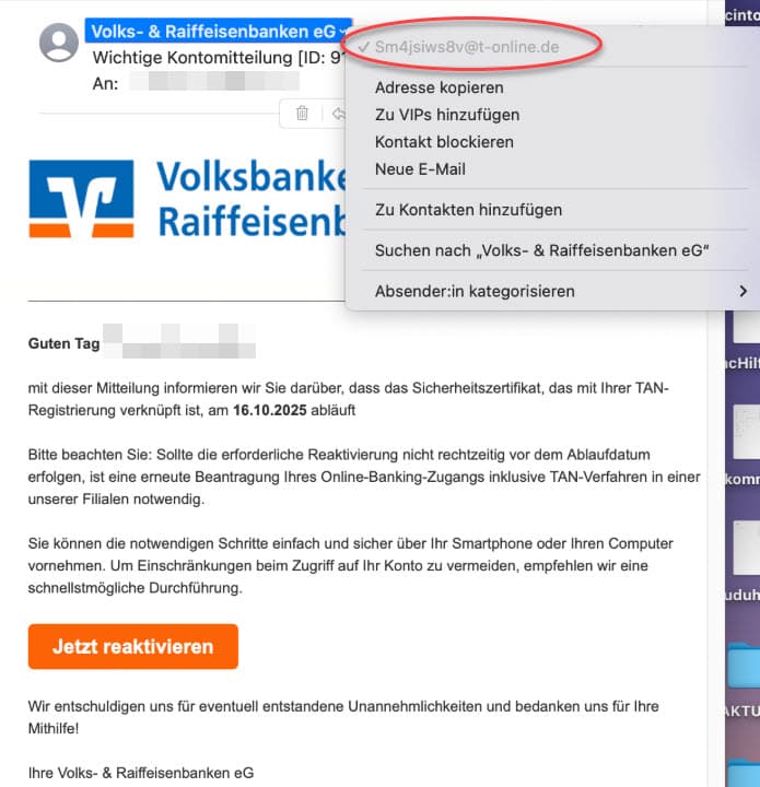 Screenshot der betrügerischen Mail