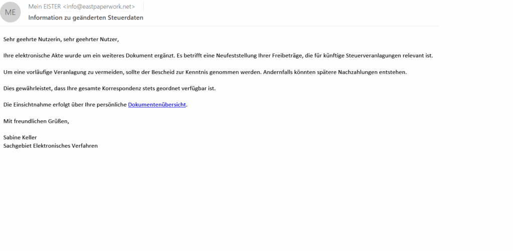 Screenshot der fraglichen Mail, man achte auf "mein EISTER" statt "mein ELSTER"