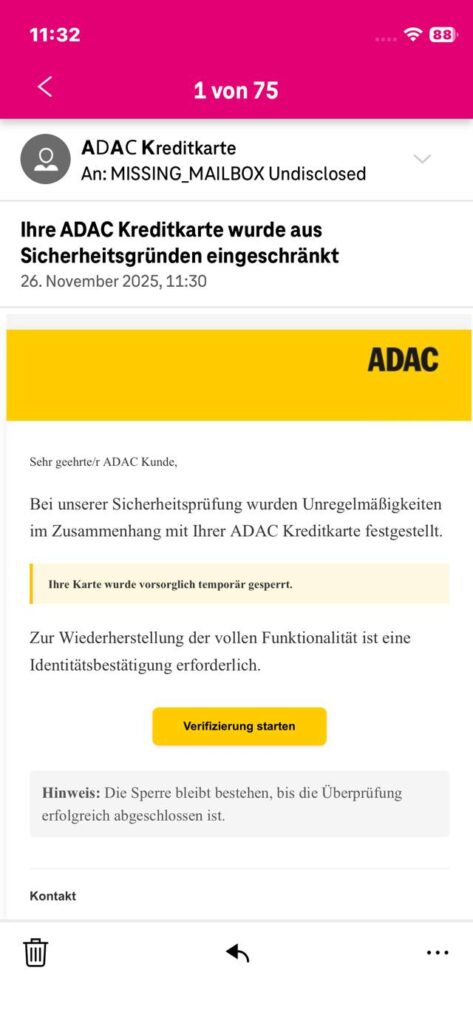 Screenshot der fraglichen Mail; Phishing-Mail im Namen der ADAC Kreditkarte