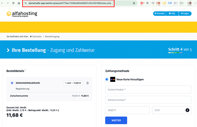 Gefälschte Seite im Design von alfahosting.de - Hier werden die Kreditkartendaten abgefragt