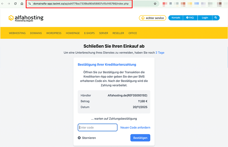Gefälschte Seite im Design von alfahosting.de