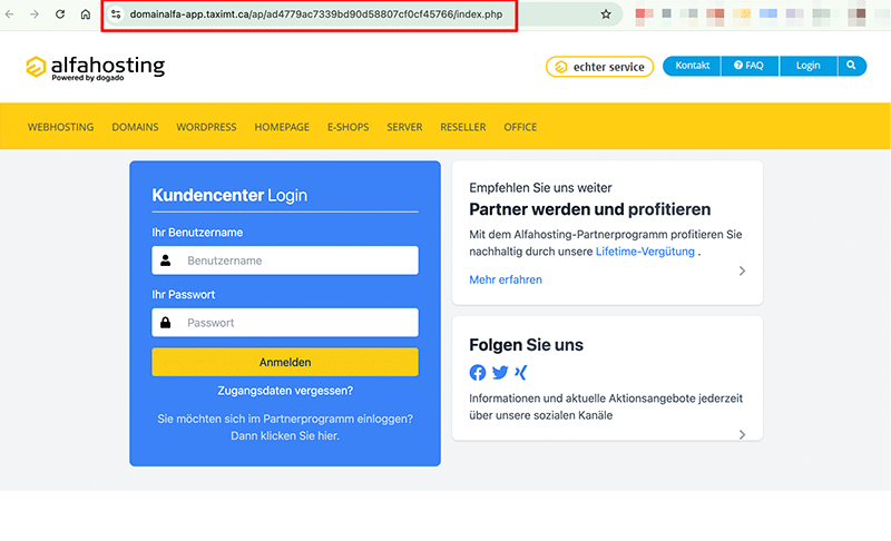 Gefälschte Seite im Design von alfahosting.de - Hier werden die Zugangsdaten abgegriffen