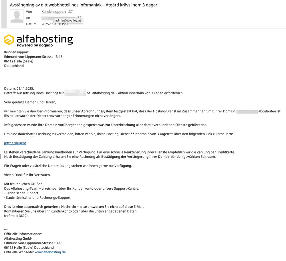 Screenshot der gefälschten Alfahosting-Mail