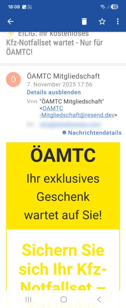 Screenshot der betrügerischen Mail