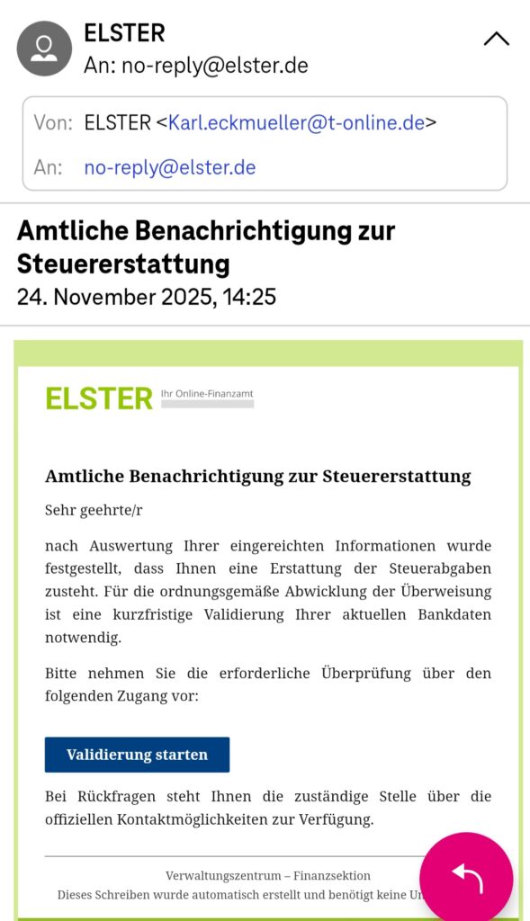 Elster Screenshot der fraglichen Mail