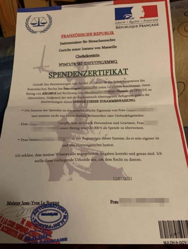 Kehlkopfkrebs: Screenshot eines vermeintlichen Spendenzertifikates; Abzocke auf Facebook: „Ich leide an Kehlkopfkrebs“ – alte Betrugsmasche, neue Profile