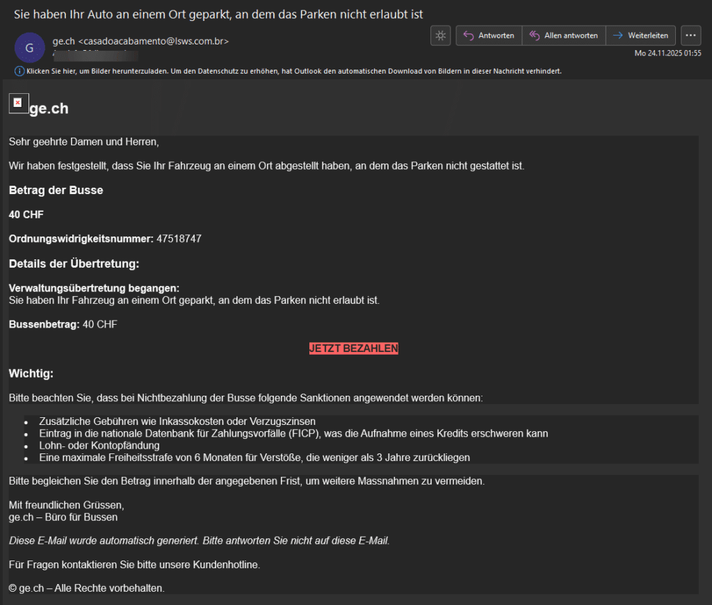 Screenshot der Phishing-Mail; Warnung, Fake-Busse im Umlauf: Betrüger tarnen sich als Schweizer Behörden – gefälschte 40-CHF-Strafe verteilt sich rasant