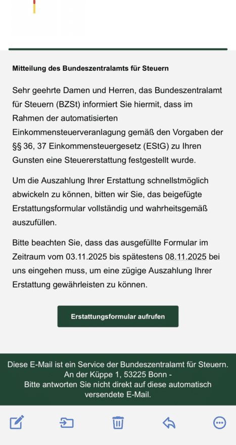 Phishing-Mail im Namen des Bundeszentralamts für Steuern