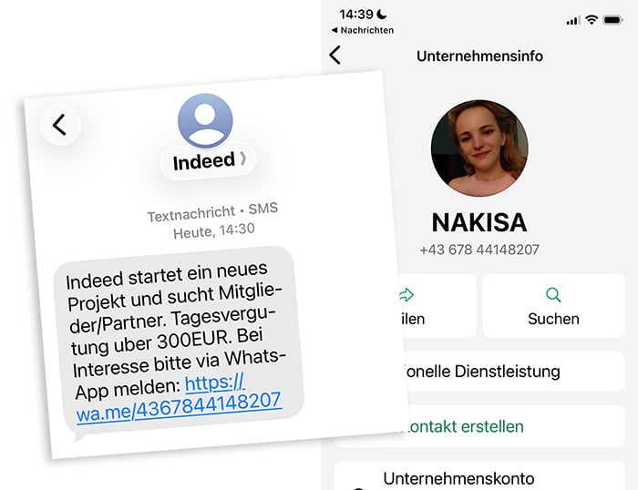 Screenshot der gefälschten Indeed-SMS und dem zugehörigen WhatsApp-Profil