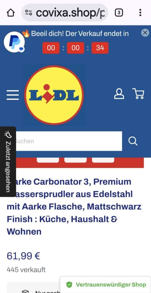 Screenshot des Fake-Shops mit dem zu günstigen Angebots Fake-Lidl-Shop: Betrügerische Verkaufsseite nutzt Logo und Countdown
