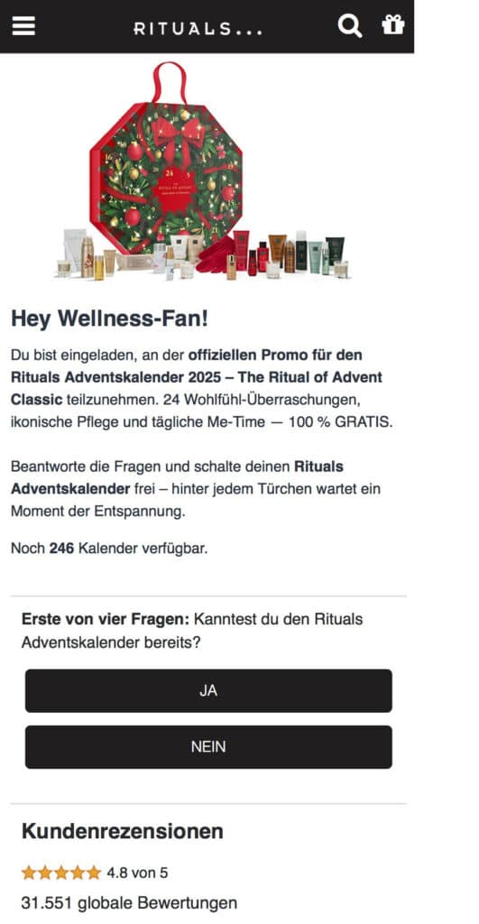 Rituals Screenshot des vermeintlichen Gewinnspiels; Fake-Promo für „Rituals Adventskalender 2025“
