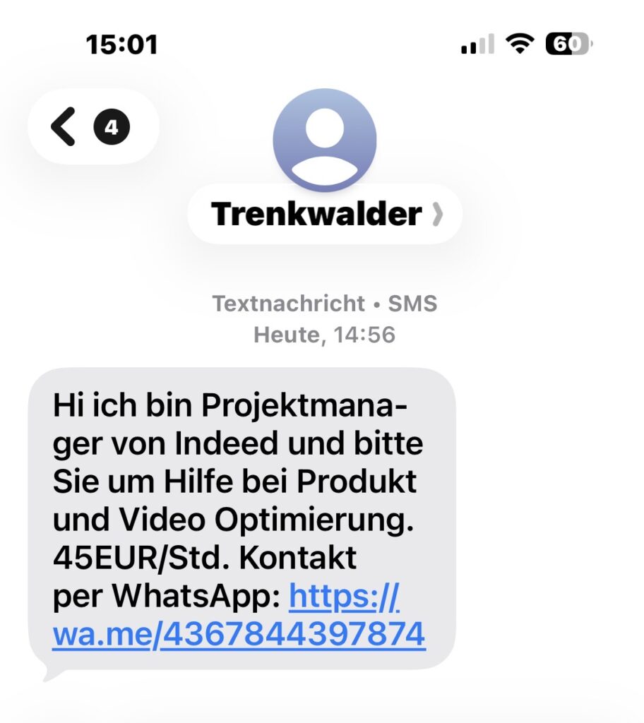 Screenshot der fraglichen SMS