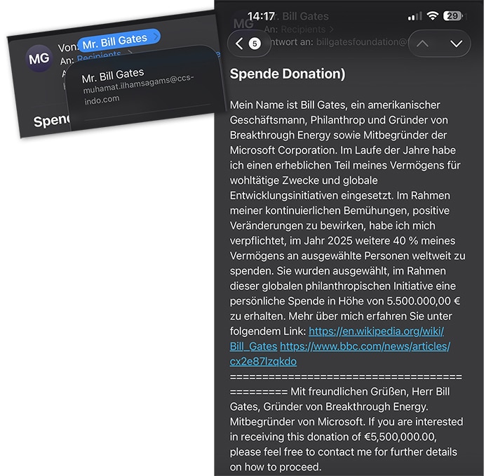 Gefälschte E-Mail im Namen von Bill Gates