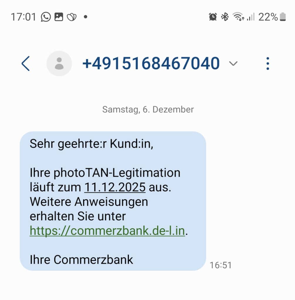 Screenshot der fraglichen SMS