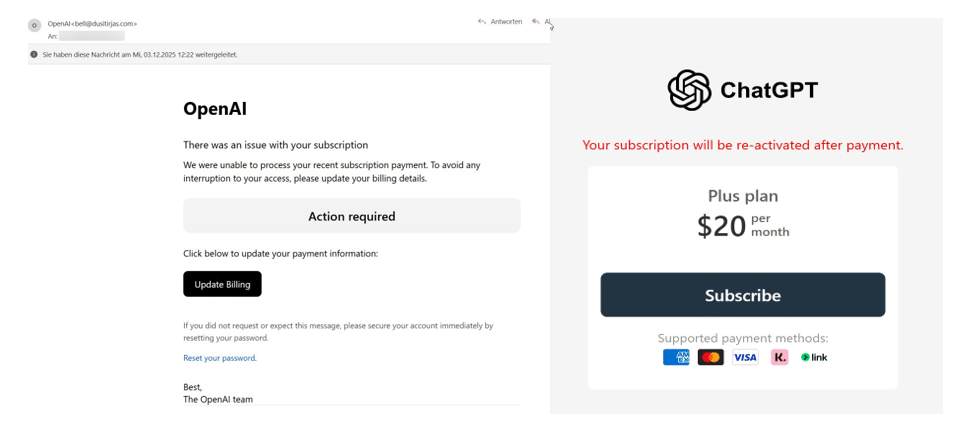 Screenshot der fraglichen Phishing-Mail; Phishing-Mail im Namen von OpenAI