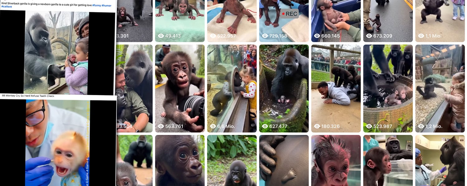 Einzelne Beiträge, Reel-Übersicht von KI-Tiervideos mit mehreren Hunderttausend und teilweise mehreren Millionen Zugriffen | Screenshots: Facebook