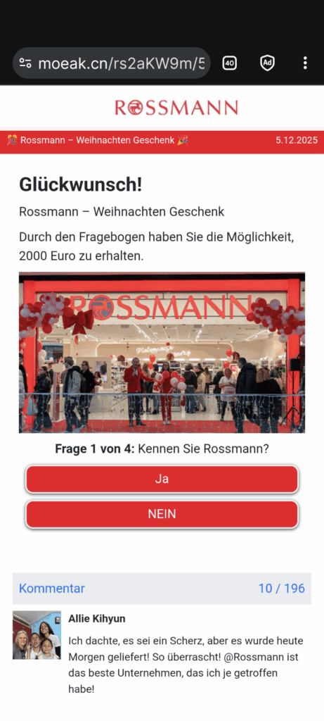Screenshot der fraglichen Mail; Phishing-Mail im Namen von Rossmann