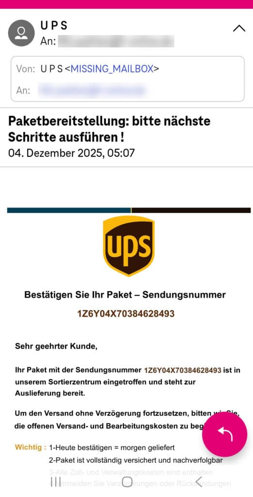 Screenshot der fraglichen Mail