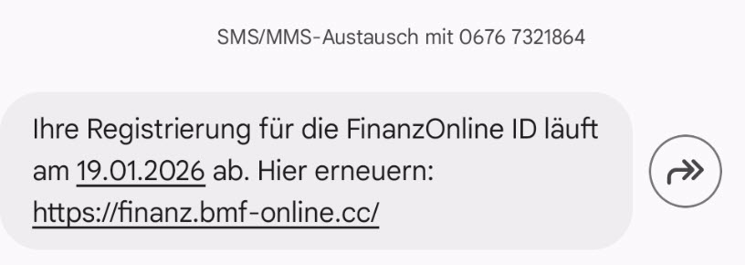 SMS zur angeblichen FinanzOnline-ID-Erneuerung; Screenshot der fraglichen SMS