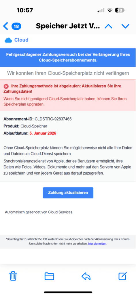 Screenshot der fraglichen Mail; Phishing-Mail im Namen von iCloud / Apple
