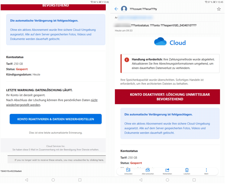 E-Mail warnt vor angeblicher Cloud-Löschung wegen Zahlungsproblem; Screenshot der falschen Mails