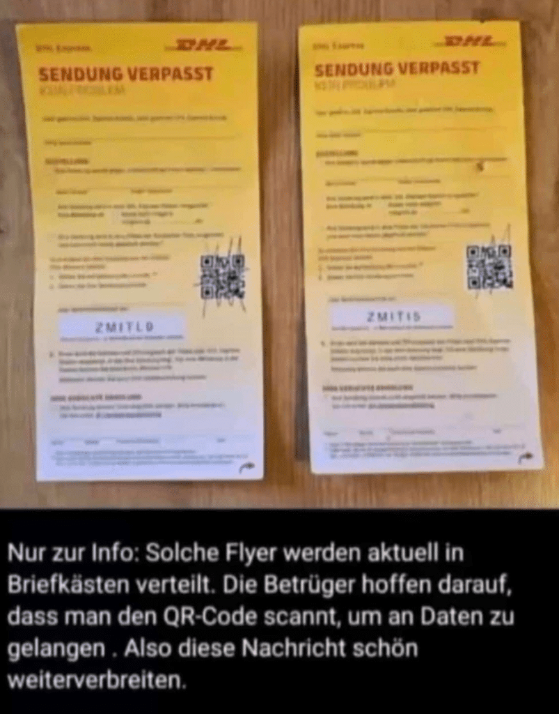 Screenshot der kursierenden Warnung mit den beiden DHL-Benachrichtigungen "Sendung verpasst"