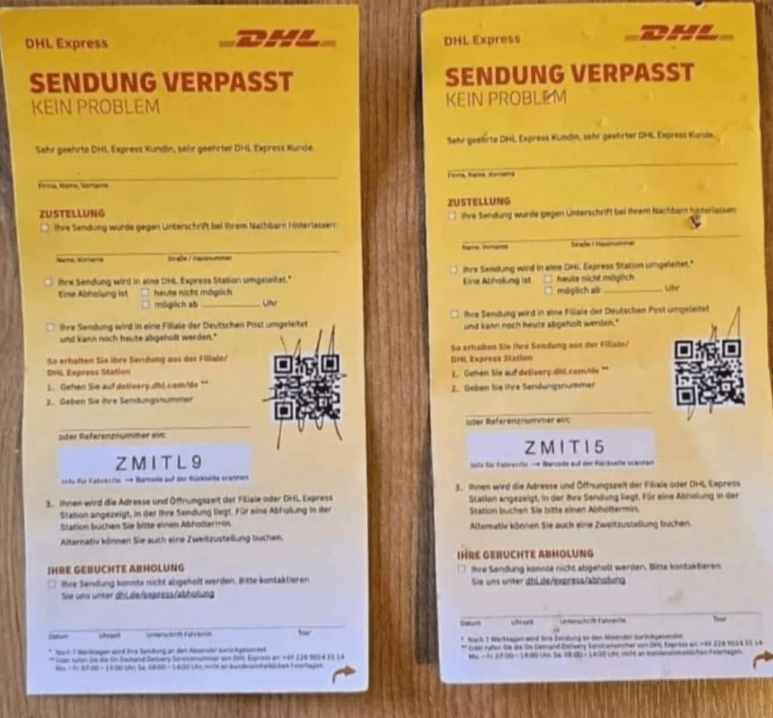 Foto der beiden DHL-Zettel, die mit der Warnung kursieren.