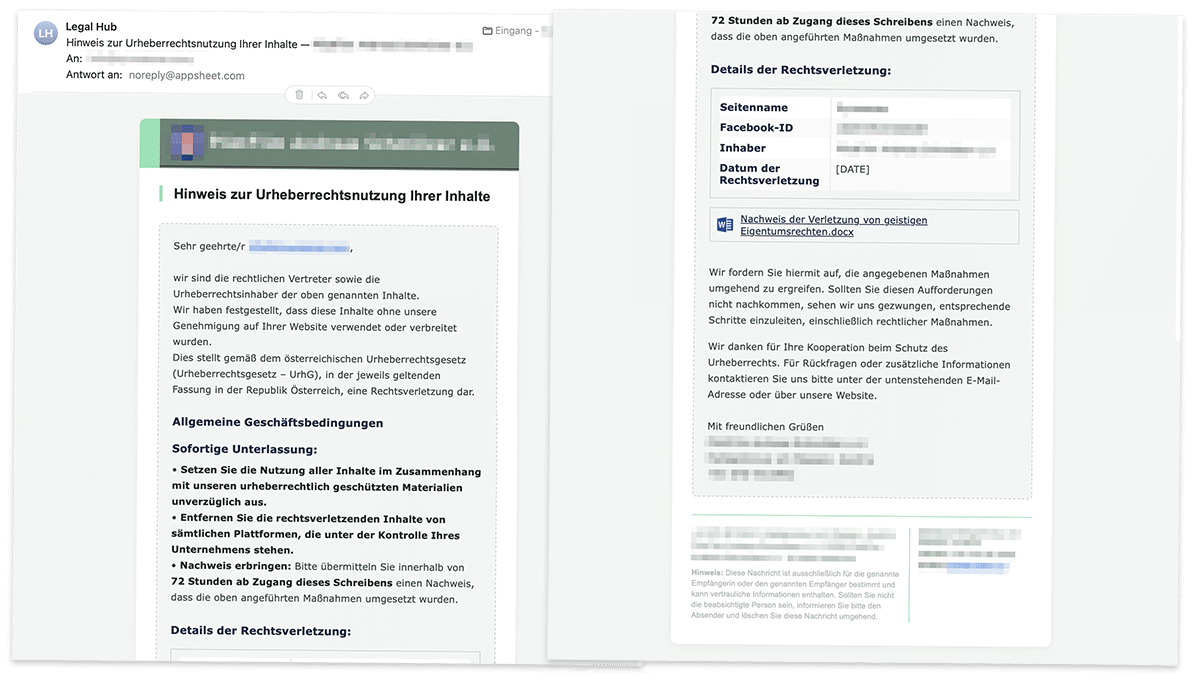 "Legal Hub - Hinweis zur Urheberrechtsnutzung Ihrer Inhalte" | Screenshot der gefälschten E-Mail