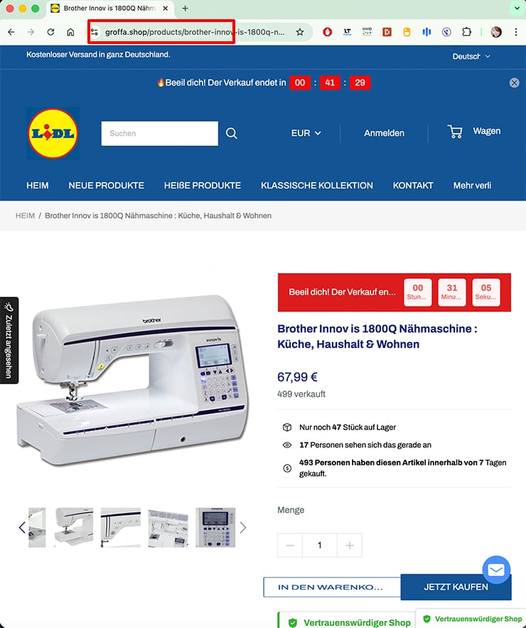 Screenshot der gefälschten Shop-Seite im Lidl-Design